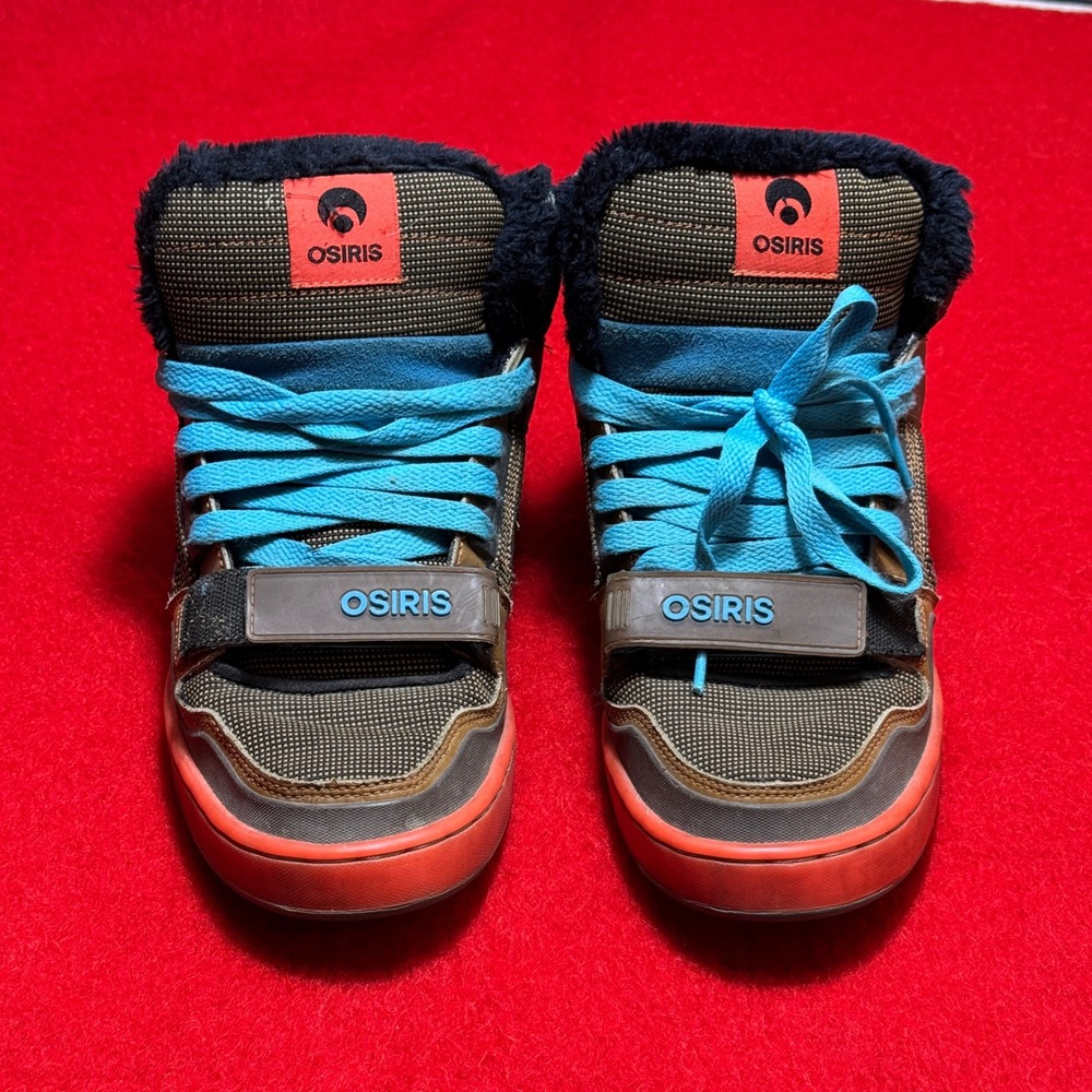 Osiris Tranzor Skate Shoes Mens 10 Brown Orange Blue Faux Fur High Top Sneakers